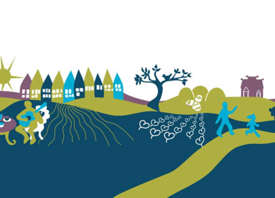 Tecknad bild på samhälle med människor som gör olika saker utomhus.