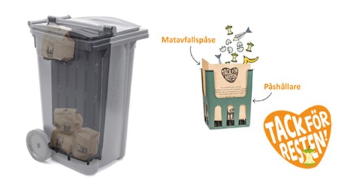 Bild med genomskärning på avfallskräl som bild på matavfallspåse och påshållare.